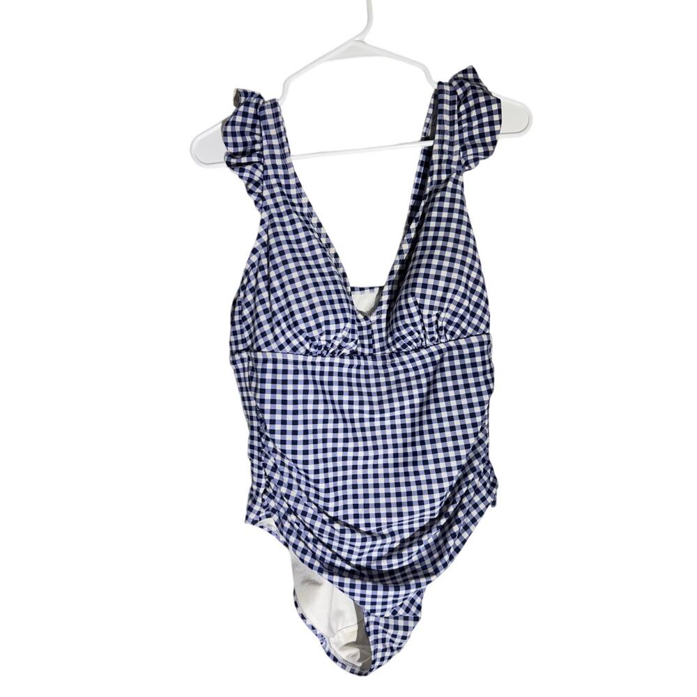 Kona Sol Women’s One-Piece Swimsuit 14W Blue Gingham Ruffle Strap